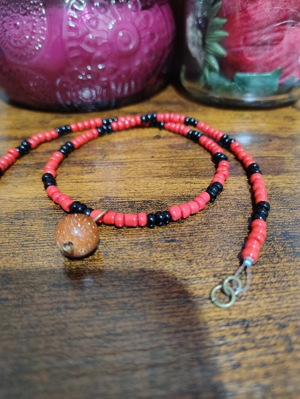 Red and Black Beaded Necklace with Goldstone Accent - Men's Necklace